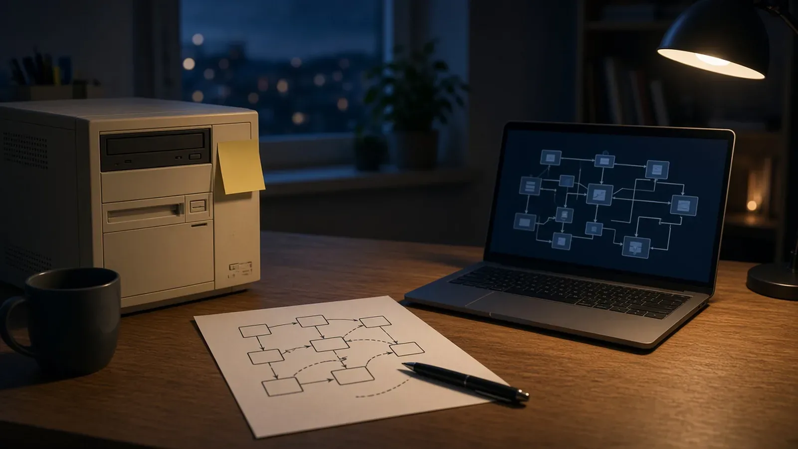 An old beige computer tower with a sticky note next to a modern laptop showing an architecture diagram, with a hand-drawn flowchart on the desk