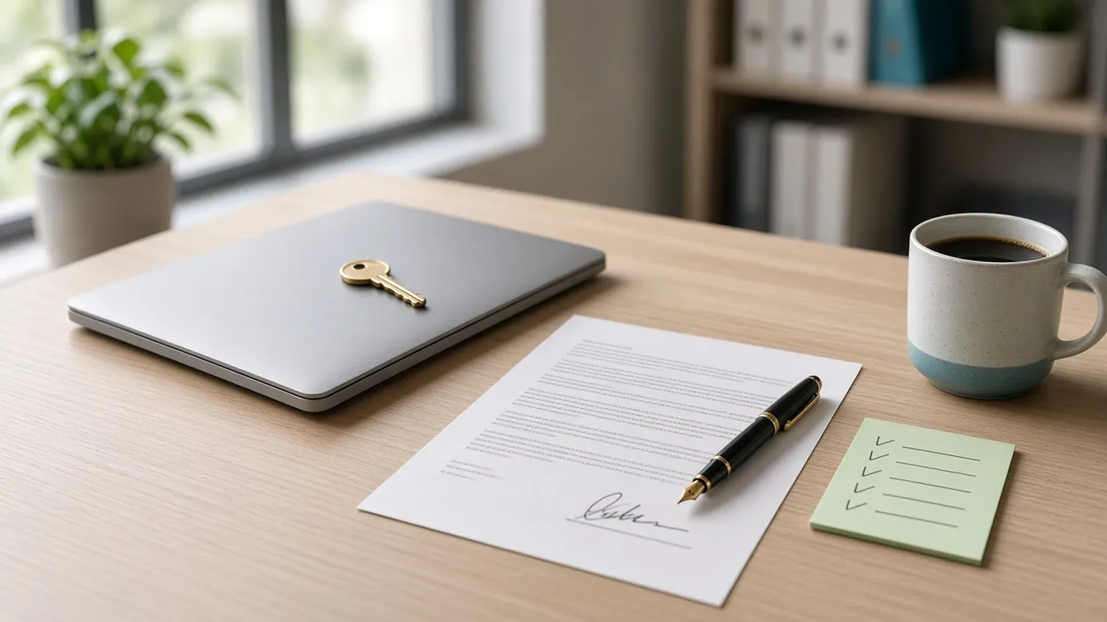 A closed laptop with a brass key on top, next to a signed contract, a fountain pen, a checklist sticky note, and a coffee mug on a wooden desk